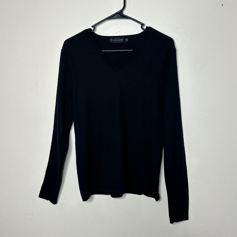 Ralph Lauren Black Label Sweater V-Neck Black Wool Blend Long Sleeve size Medium